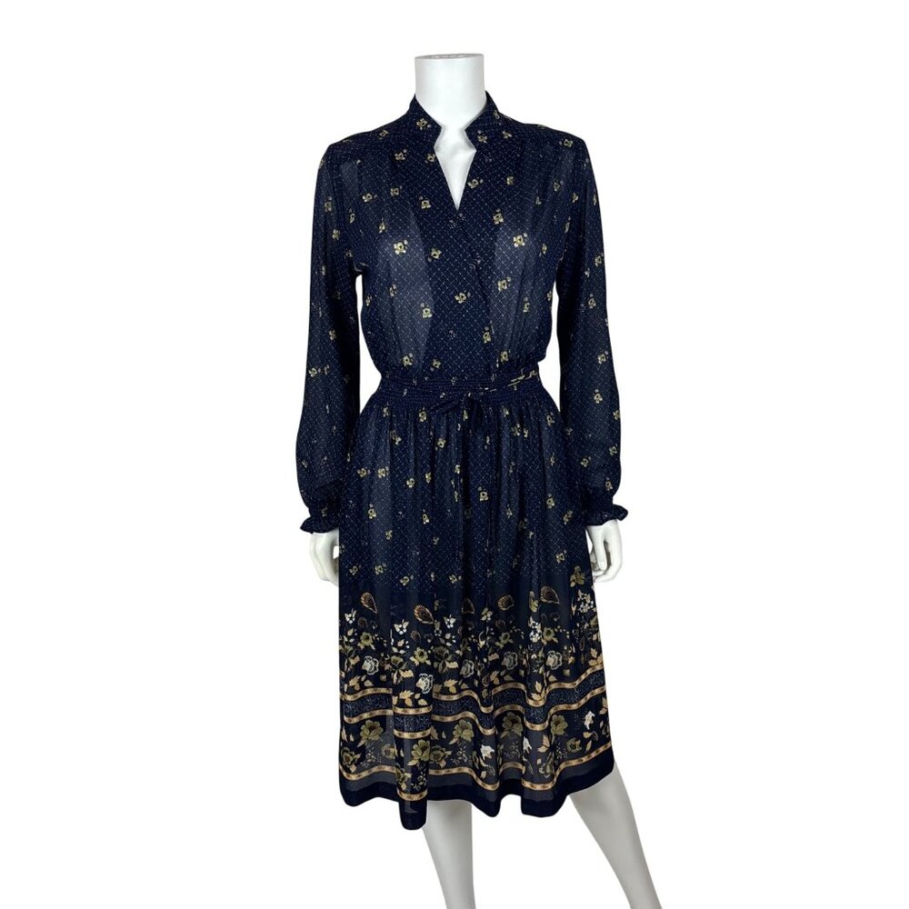 Vintage 80s Sheer Dress Womens M Navy Blue Peacock Floral Border Print - Picture 2 of 11